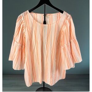 Seven7 Striped Blouse Women L Orange Bell Sleeve Cotton Gauze Boho Top